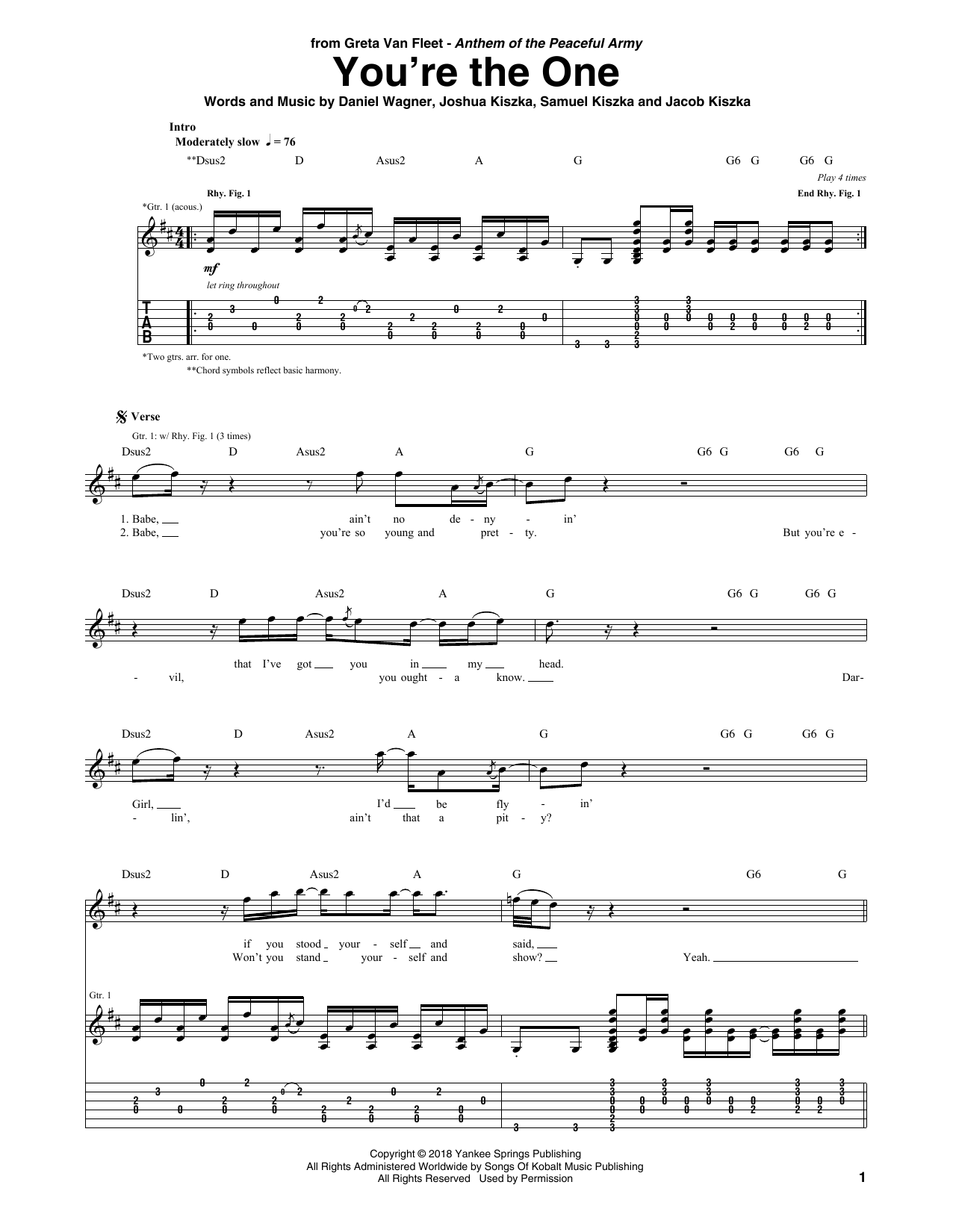 Greta Van Fleet You're The One sheet music notes and chords arranged for Guitar Tab