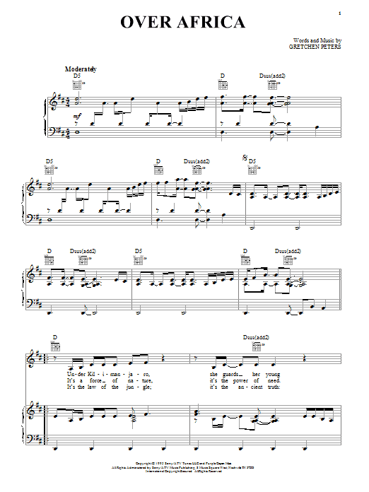 Gretchen Peters Over Africa sheet music notes and chords arranged for Piano, Vocal & Guitar Chords (Right-Hand Melody)