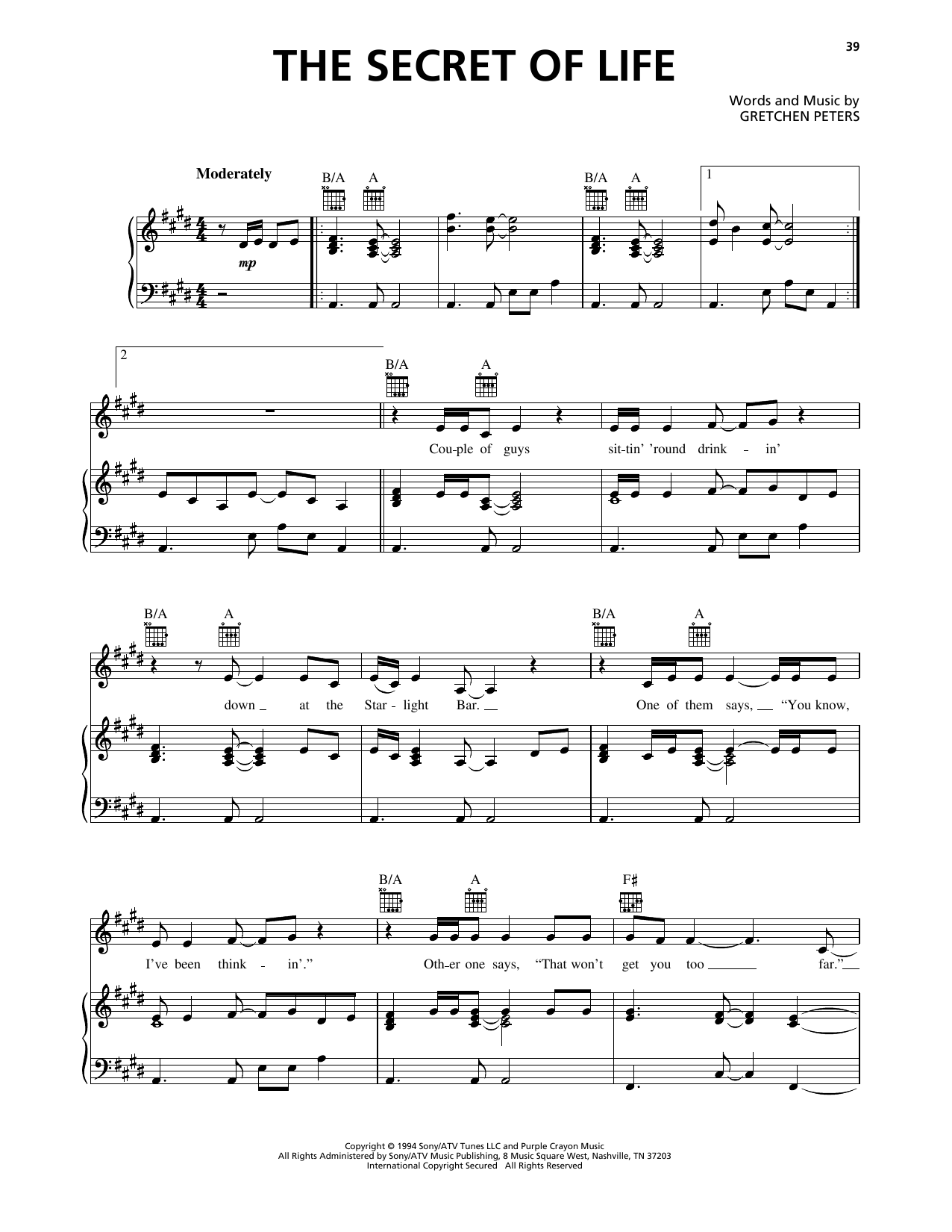 Gretchen Peters The Secret Of Life sheet music notes and chords arranged for Piano, Vocal & Guitar Chords (Right-Hand Melody)