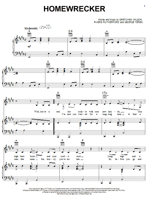 Gretchen Wilson Homewrecker sheet music notes and chords arranged for Piano, Vocal & Guitar Chords (Right-Hand Melody)