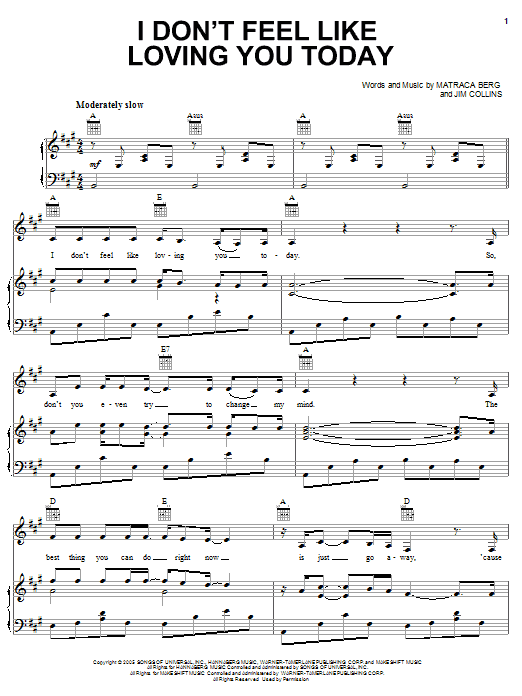Gretchen Wilson I Don't Feel Like Loving You Today sheet music notes and chords arranged for Piano, Vocal & Guitar Chords (Right-Hand Melody)