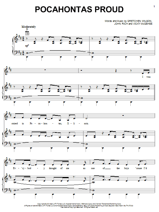 Gretchen Wilson Pocahontas Proud sheet music notes and chords arranged for Piano, Vocal & Guitar Chords (Right-Hand Melody)