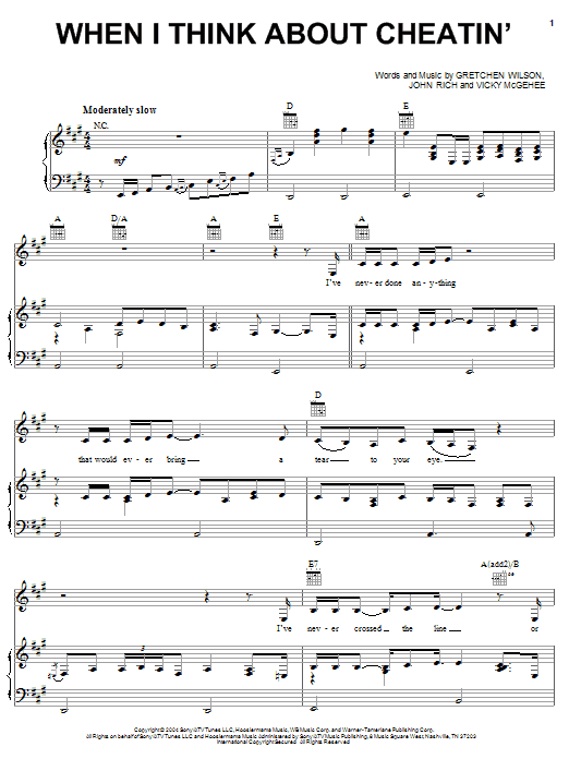Gretchen Wilson When I Think About Cheatin' sheet music notes and chords arranged for Piano, Vocal & Guitar Chords (Right-Hand Melody)