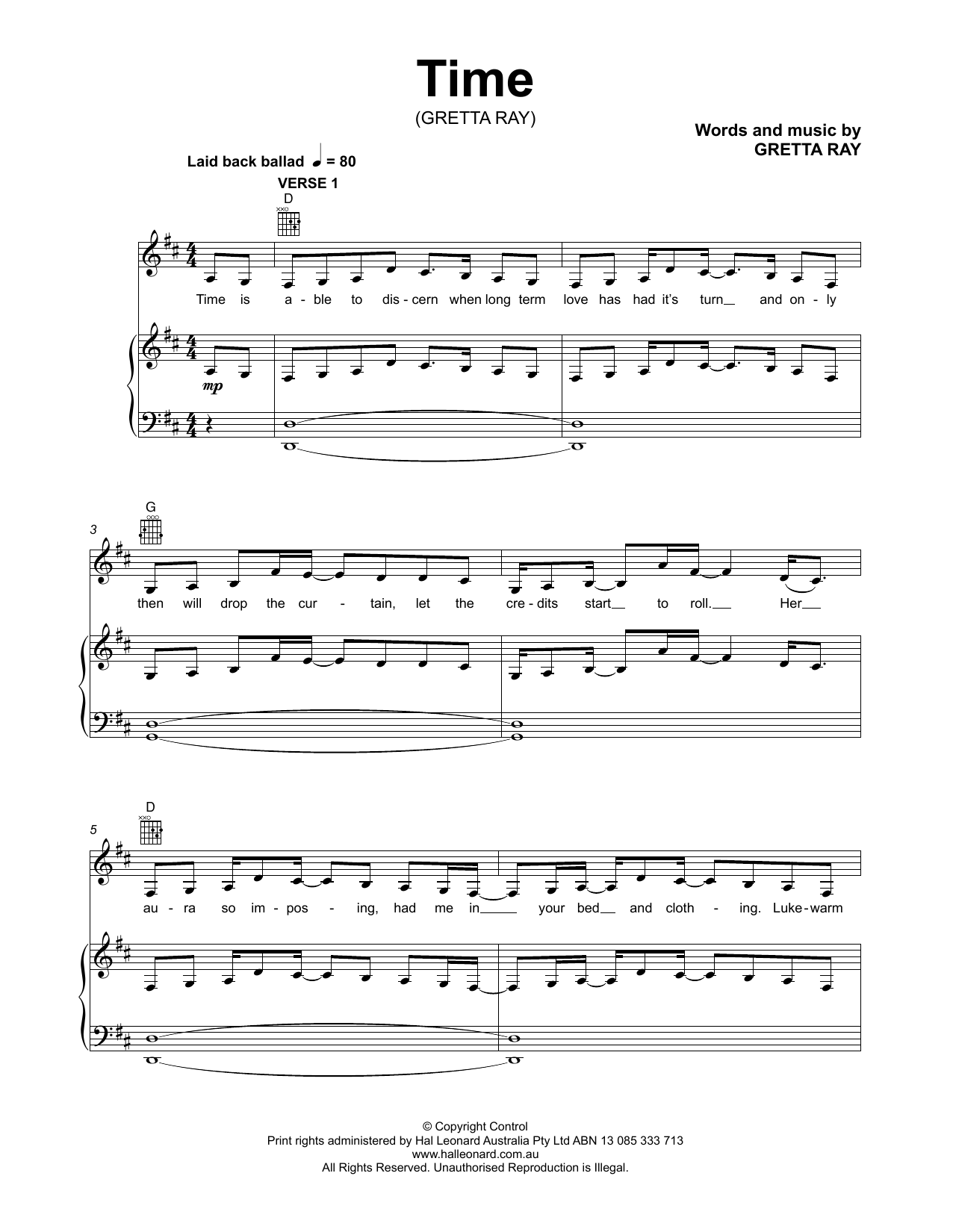 Gretta Ray Time sheet music notes and chords arranged for Piano, Vocal & Guitar Chords (Right-Hand Melody)