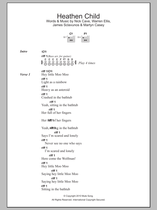 Grinderman Heathen Child sheet music notes and chords arranged for Guitar Chords/Lyrics