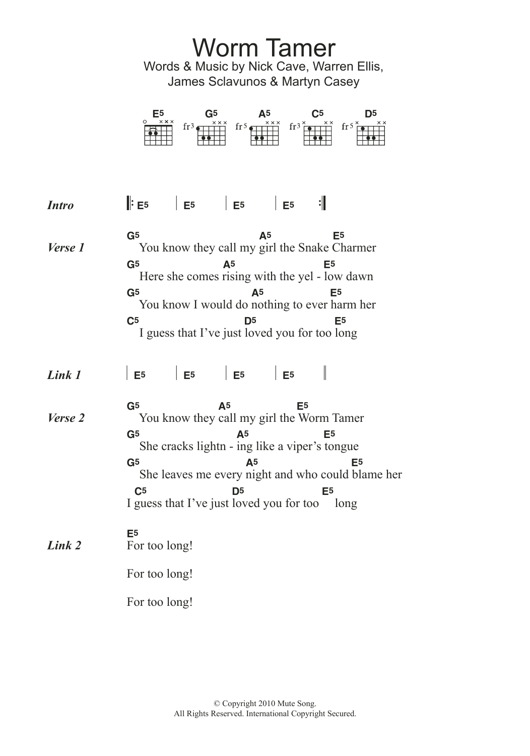 Grinderman Worm Tamer sheet music notes and chords arranged for Guitar Chords/Lyrics