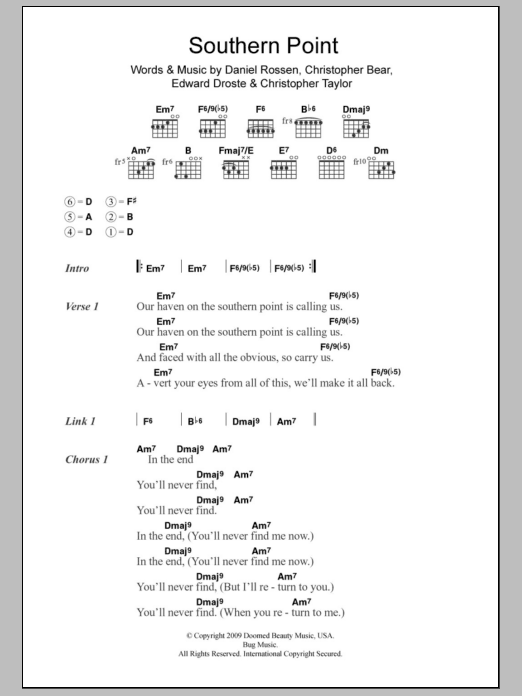 Grizzly Bear Southern Point sheet music notes and chords arranged for Guitar Chords/Lyrics