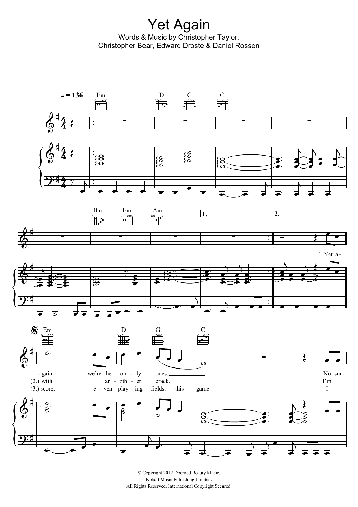 Grizzly Bear Yet Again sheet music notes and chords arranged for Piano, Vocal & Guitar Chords