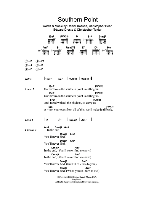 Grizzly Bear Southern Point sheet music notes and chords arranged for Guitar Chords/Lyrics
