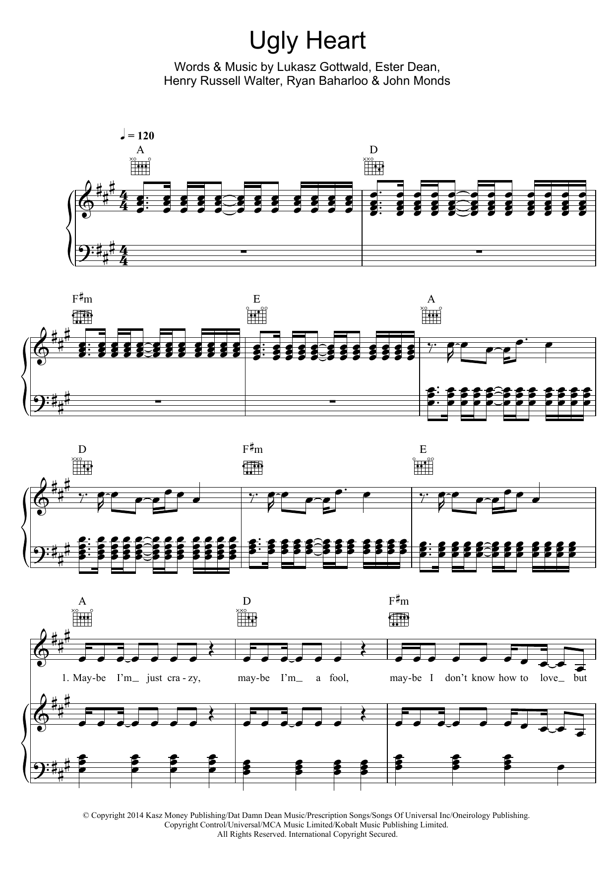 G.R.L. Ugly Heart sheet music notes and chords arranged for Piano, Vocal & Guitar Chords