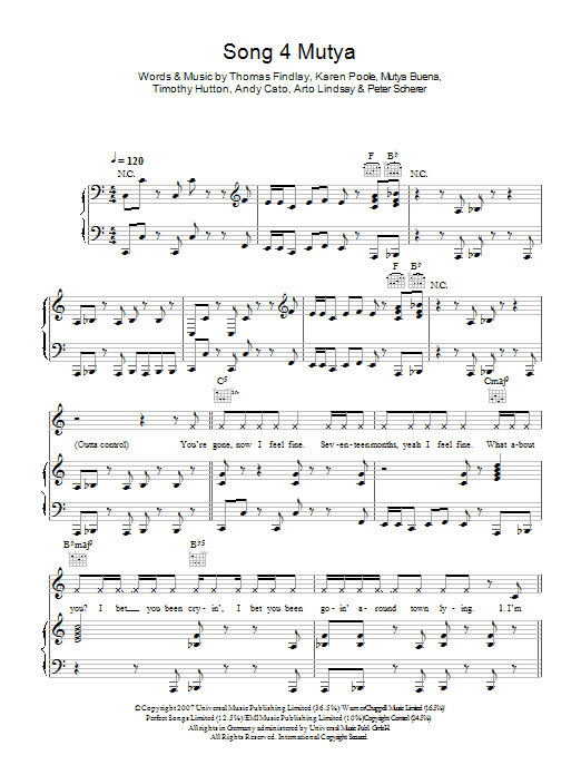 Groove Armada Song 4 Mutya (Out Of Control) sheet music notes and chords arranged for Piano, Vocal & Guitar Chords