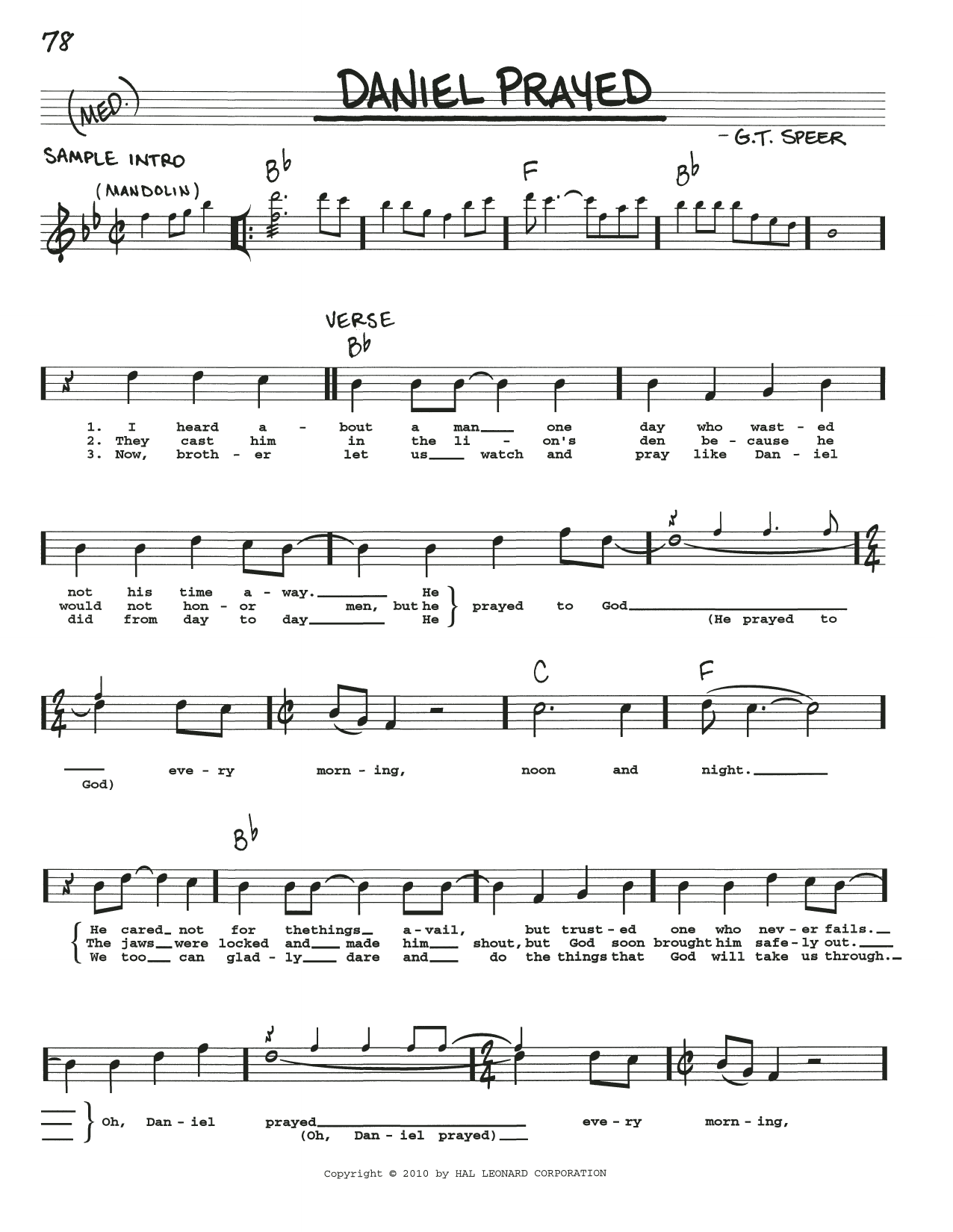 G.T. Speer Daniel Prayed sheet music notes and chords arranged for Real Book – Melody, Lyrics & Chords