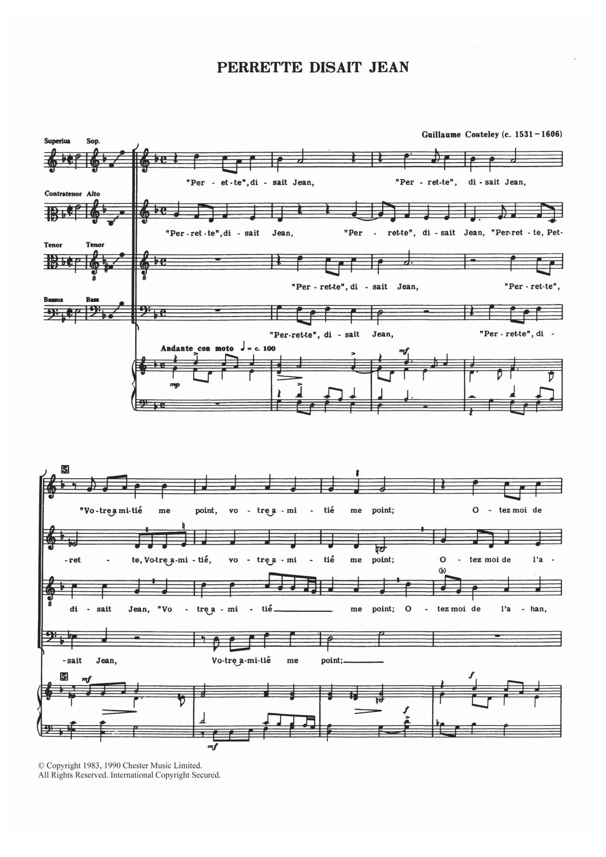 Guillaume Costeley Perrette, Disait Jean sheet music notes and chords arranged for Choir