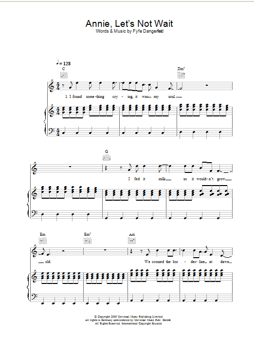 Guillemots Annie, Let's Not Wait sheet music notes and chords arranged for Piano, Vocal & Guitar Chords