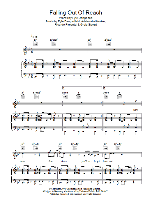 Guillemots Falling Out Of Reach sheet music notes and chords arranged for Piano, Vocal & Guitar Chords