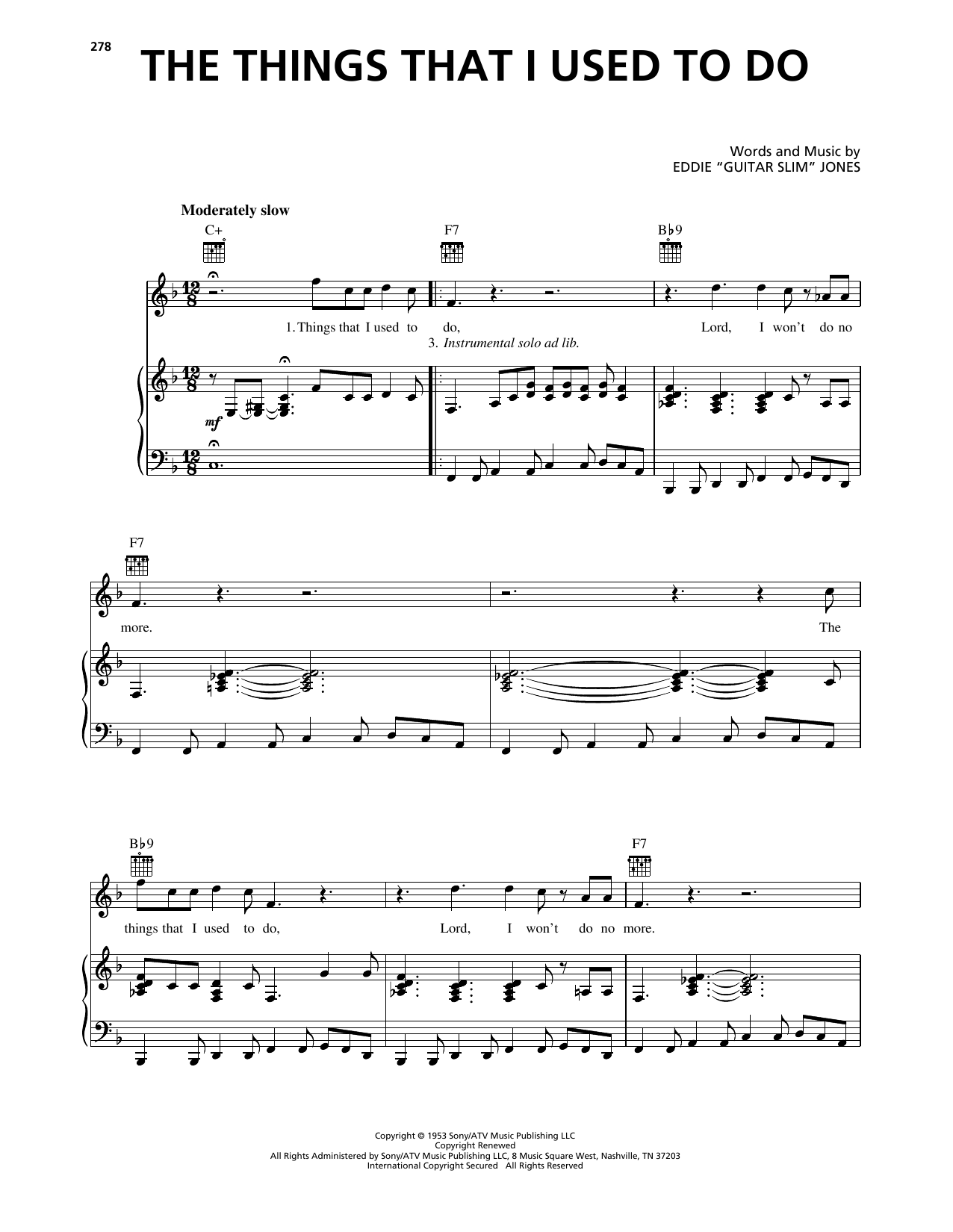 Guitar Slim The Things That I Used To Do sheet music notes and chords arranged for Piano, Vocal & Guitar Chords (Right-Hand Melody)