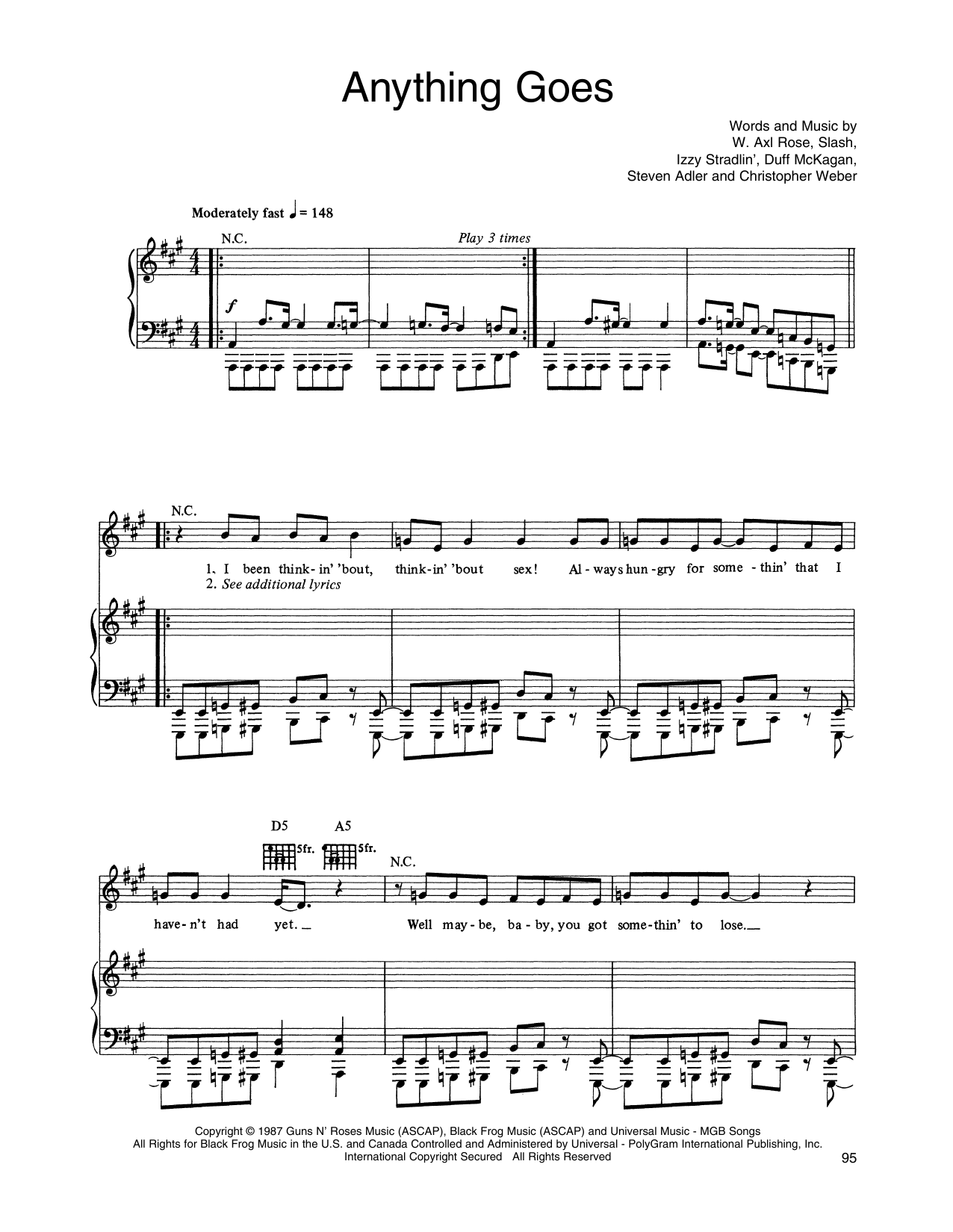 Guns N' Roses Anything Goes sheet music notes and chords arranged for Piano, Vocal & Guitar Chords (Right-Hand Melody)