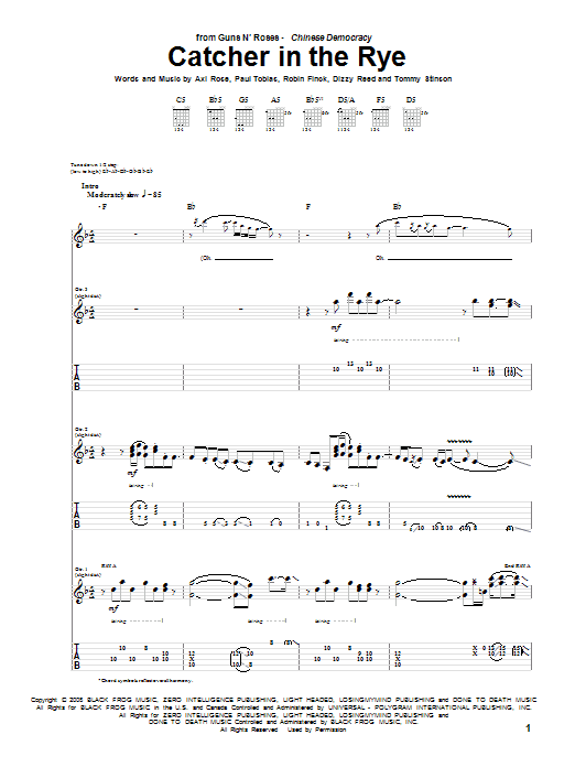 Guns N' Roses Catcher In The Rye sheet music notes and chords arranged for Guitar Tab