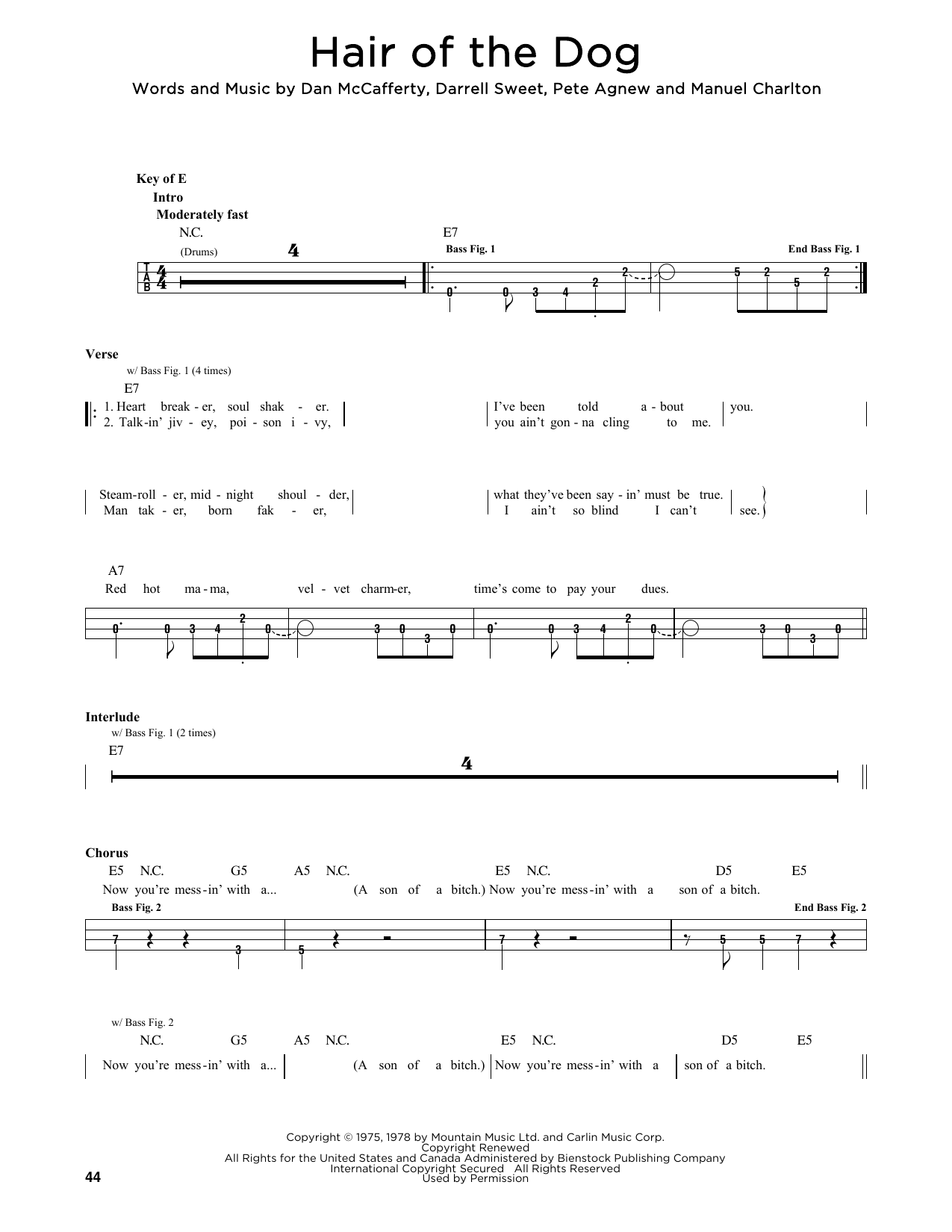 Guns N' Roses Hair Of The Dog sheet music notes and chords arranged for Easy Bass Tab
