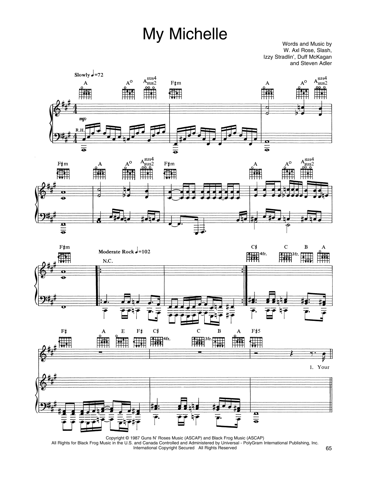 Guns N' Roses My Michelle sheet music notes and chords arranged for Piano, Vocal & Guitar Chords (Right-Hand Melody)