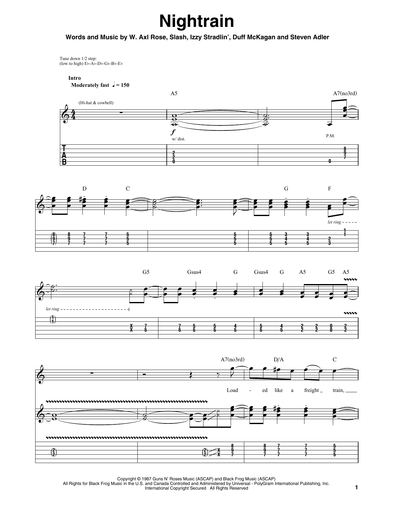 Guns N' Roses Nightrain sheet music notes and chords arranged for Guitar Tab (Single Guitar)