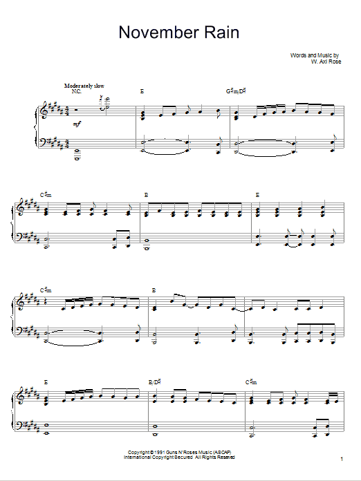 Guns N' Roses November Rain sheet music notes and chords arranged for Piano, Vocal & Guitar Chords (Right-Hand Melody)