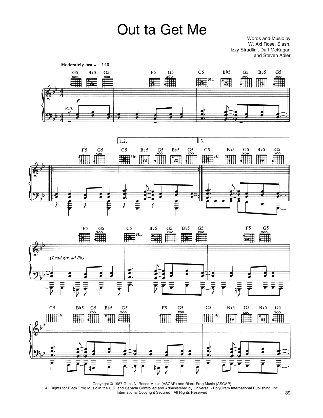 Guns N' Roses Out Ta Get Me sheet music notes and chords arranged for Piano, Vocal & Guitar Chords (Right-Hand Melody)