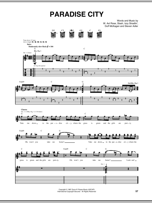 Guns N' Roses Paradise City (live version) sheet music notes and chords arranged for Guitar Tab