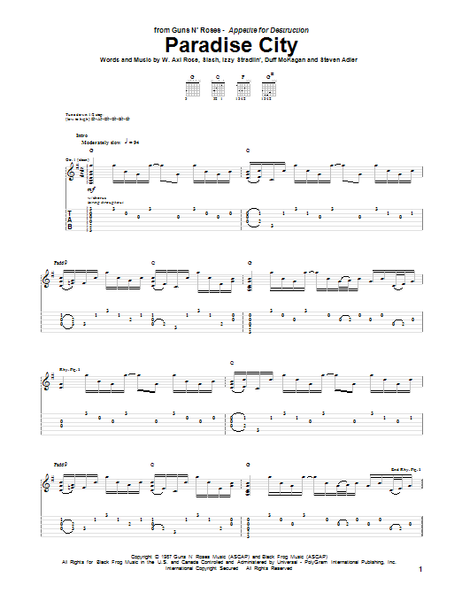 Guns N' Roses Paradise City sheet music notes and chords arranged for Guitar Tab (Single Guitar)