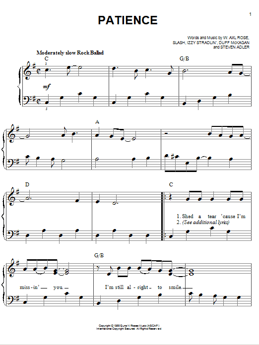 Guns N' Roses Patience sheet music notes and chords arranged for Ukulele