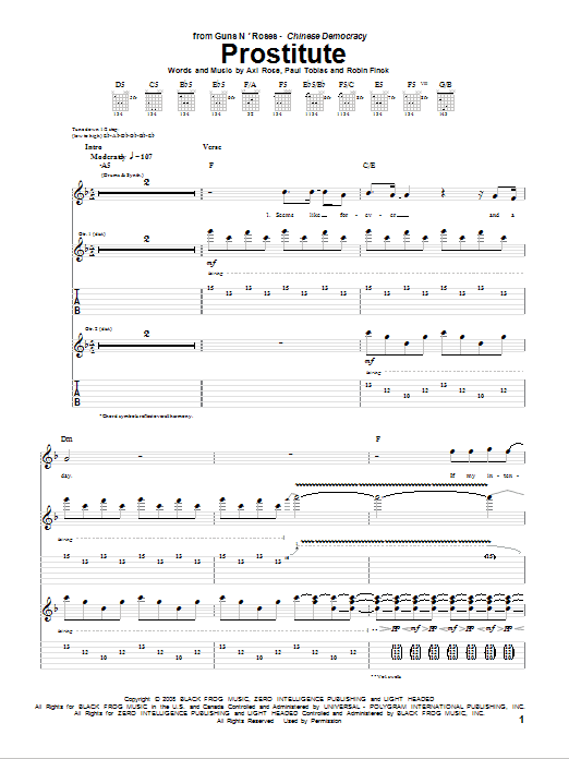 Guns N' Roses Prostitute sheet music notes and chords arranged for Guitar Tab