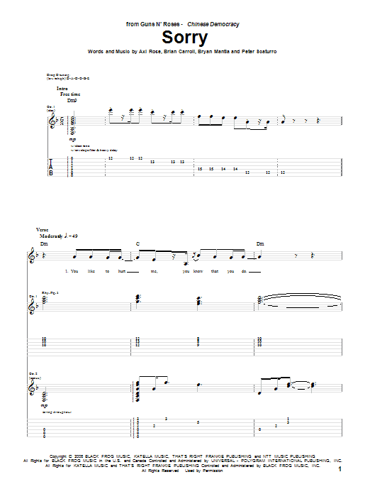 Guns N' Roses Sorry sheet music notes and chords arranged for Guitar Tab
