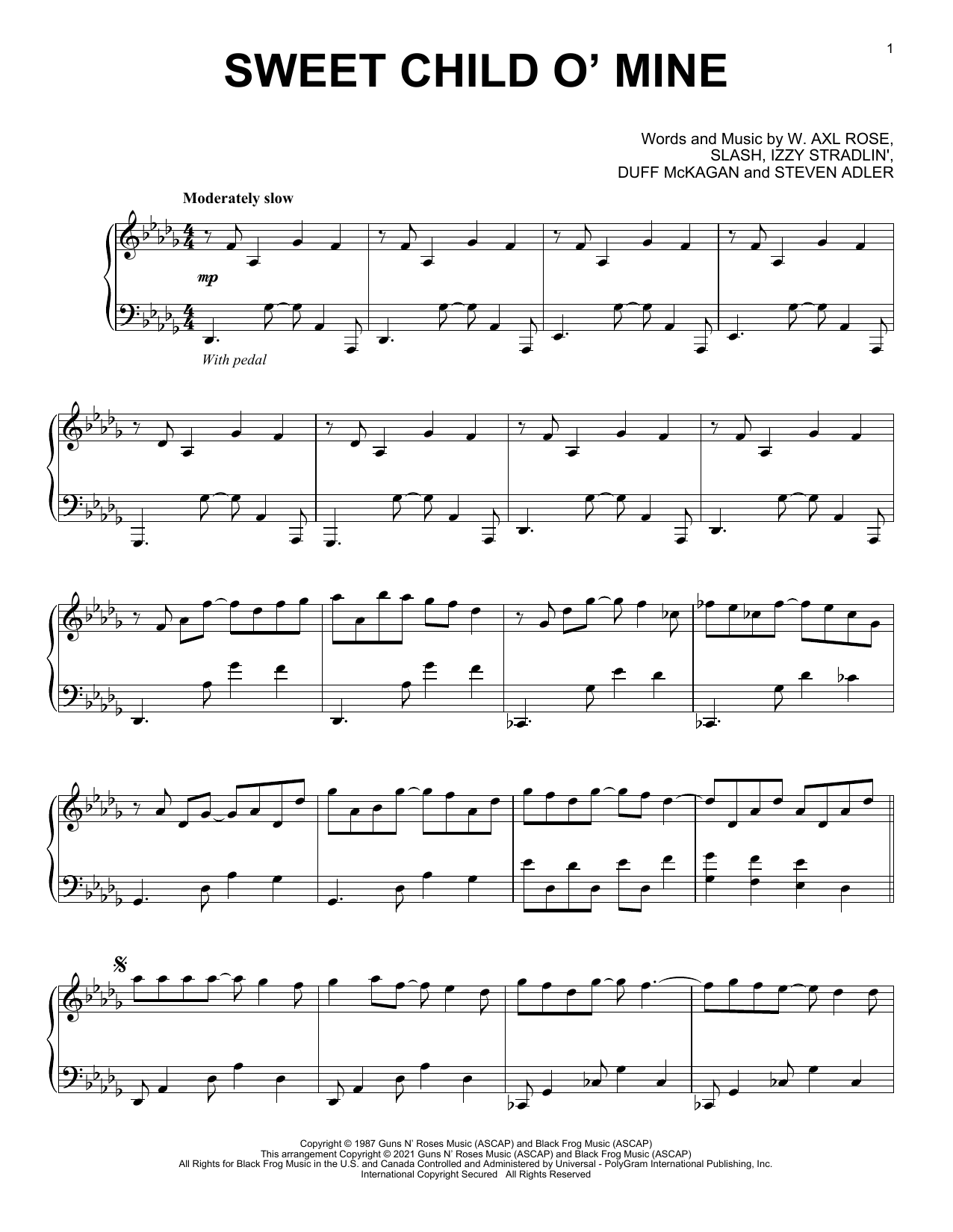 Guns N' Roses Sweet Child O' Mine [Classical version] sheet music notes and chords arranged for Piano Solo