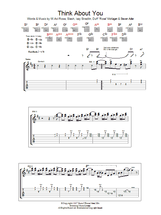 Guns N' Roses Think About You sheet music notes and chords arranged for Guitar Tab