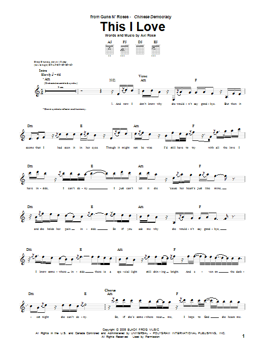 Guns N' Roses This I Love sheet music notes and chords arranged for Piano, Vocal & Guitar Chords (Right-Hand Melody)