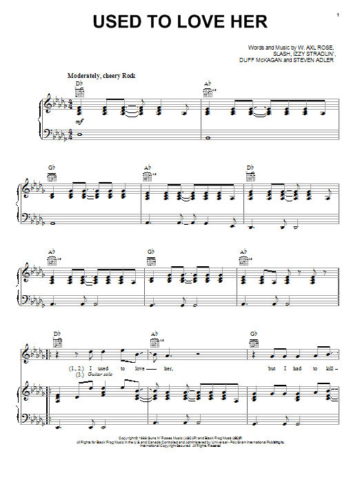 Guns N' Roses Used To Love Her sheet music notes and chords arranged for Piano, Vocal & Guitar Chords (Right-Hand Melody)