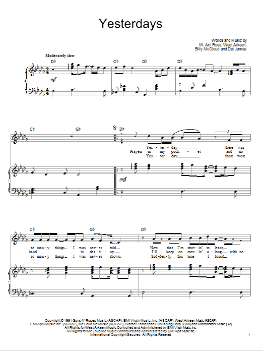 Guns N' Roses Yesterdays sheet music notes and chords arranged for Piano, Vocal & Guitar Chords (Right-Hand Melody)