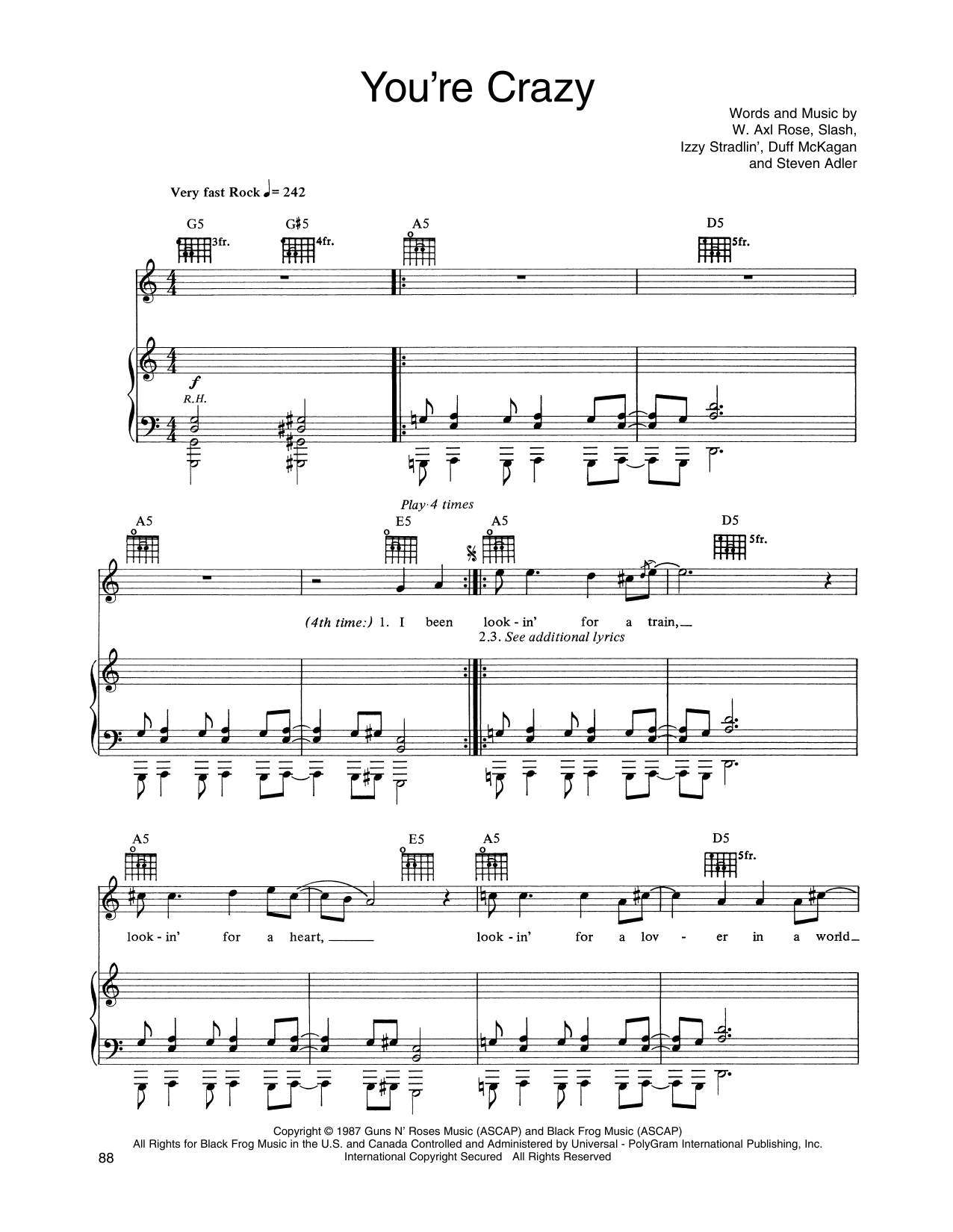 Guns N Roses You're Crazy sheet music notes and chords arranged for Piano, Vocal & Guitar Chords (Right-Hand Melody)