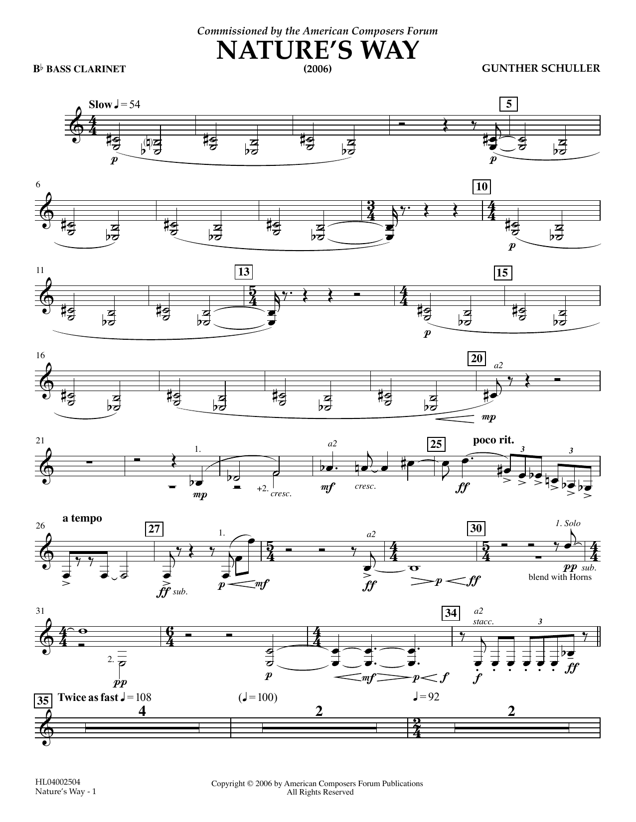 Gunther Schuller Nature's Way - Bb Bass Clarinet 1, 2 sheet music notes and chords arranged for Concert Band