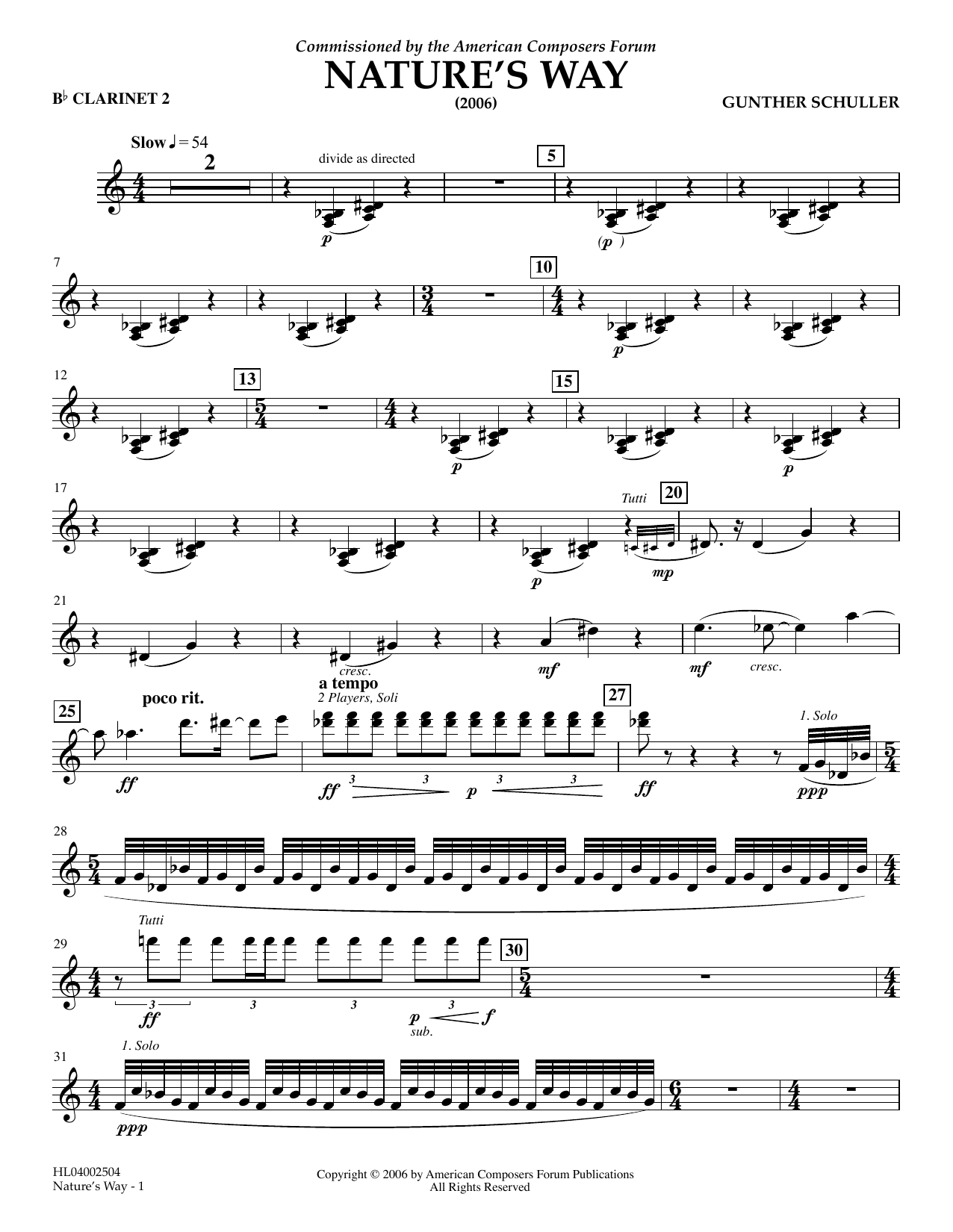 Gunther Schuller Nature's Way - Bb Clarinet 2 sheet music notes and chords arranged for Concert Band