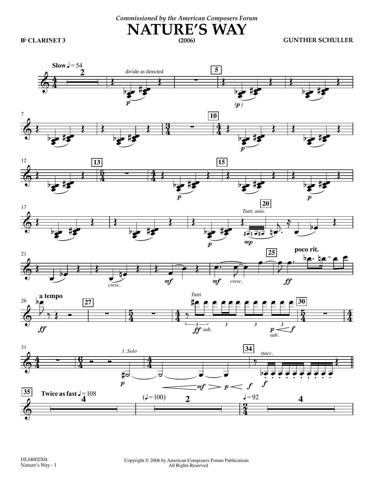 Gunther Schuller Nature's Way - Bb Clarinet 3 sheet music notes and chords arranged for Concert Band