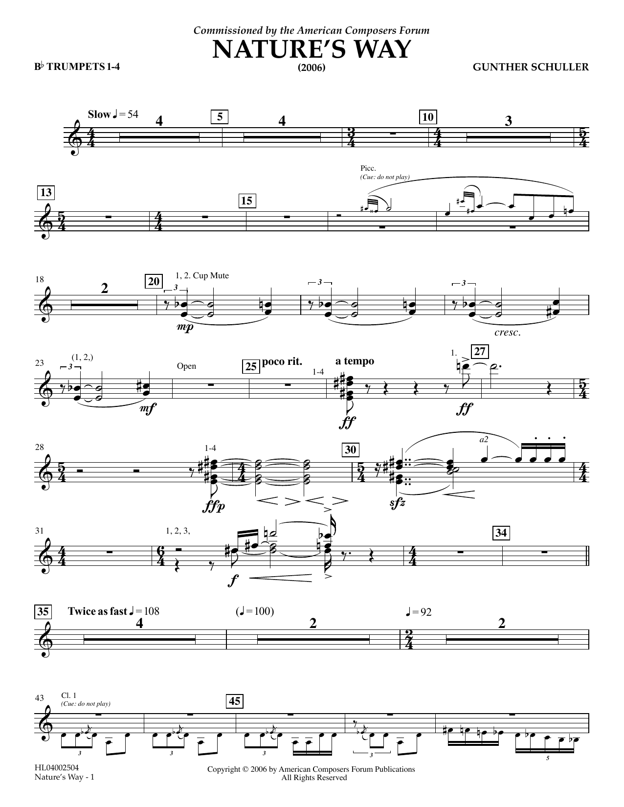 Gunther Schuller Nature's Way - Bb Trumpet 1,2,3,4 sheet music notes and chords arranged for Concert Band