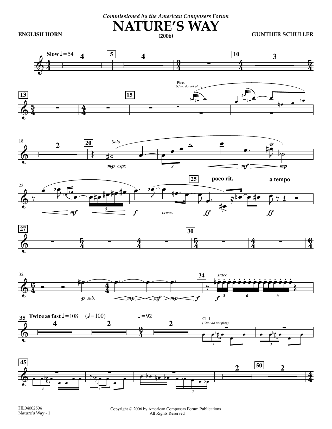 Gunther Schuller Nature's Way - English Horn sheet music notes and chords arranged for Concert Band