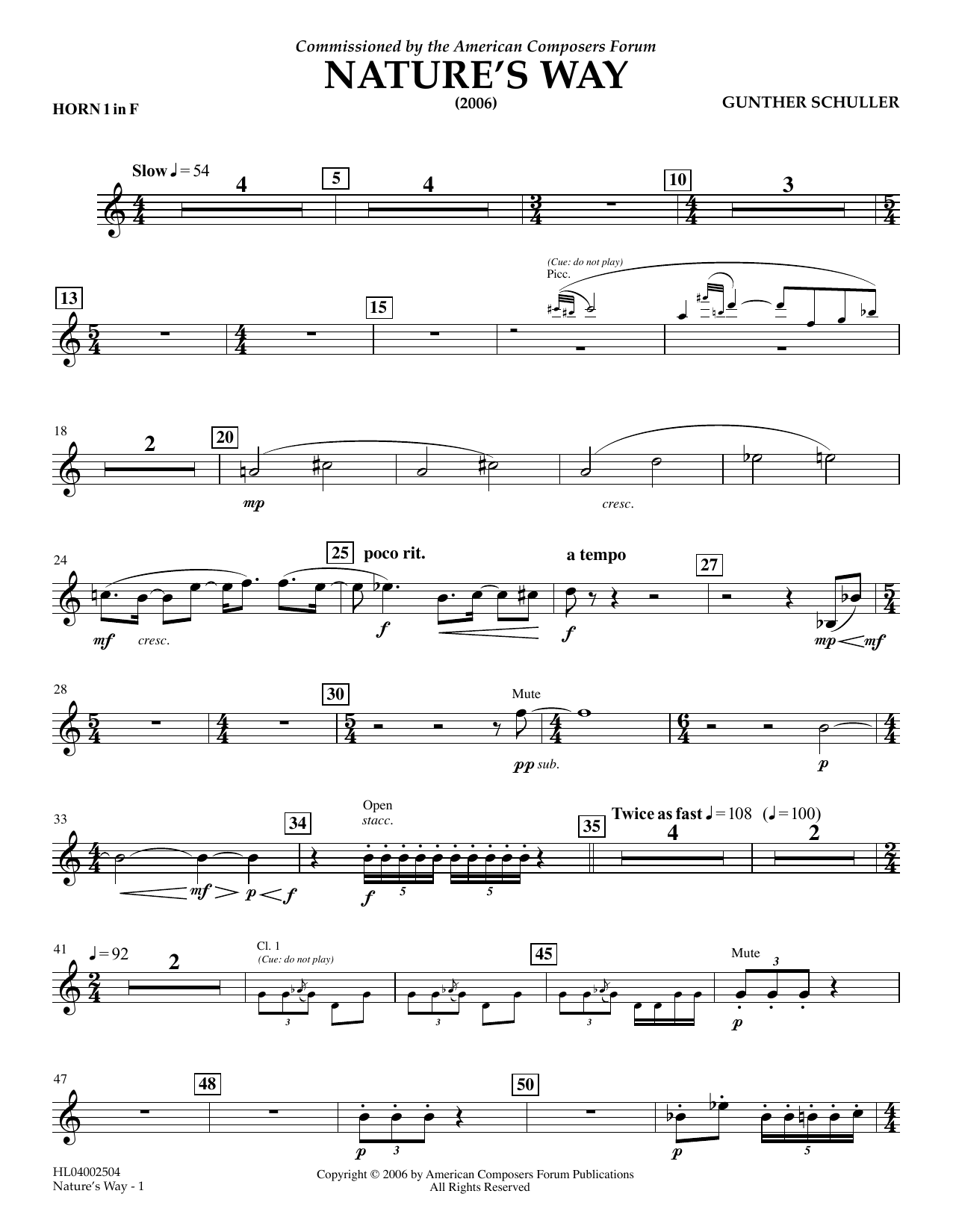 Gunther Schuller Nature's Way - F Horn 1 sheet music notes and chords arranged for Concert Band