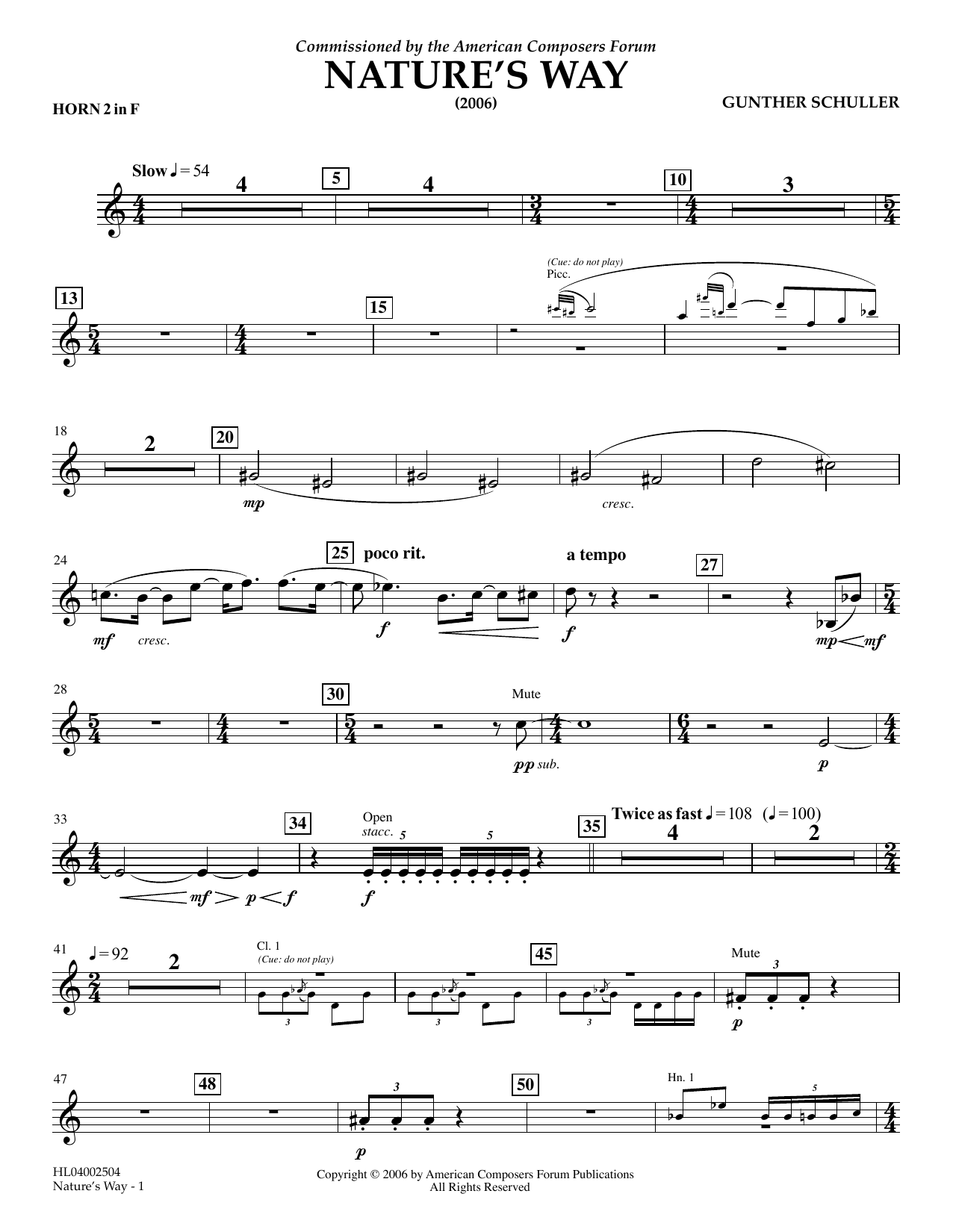 Gunther Schuller Nature's Way - F Horn 2 sheet music notes and chords arranged for Concert Band