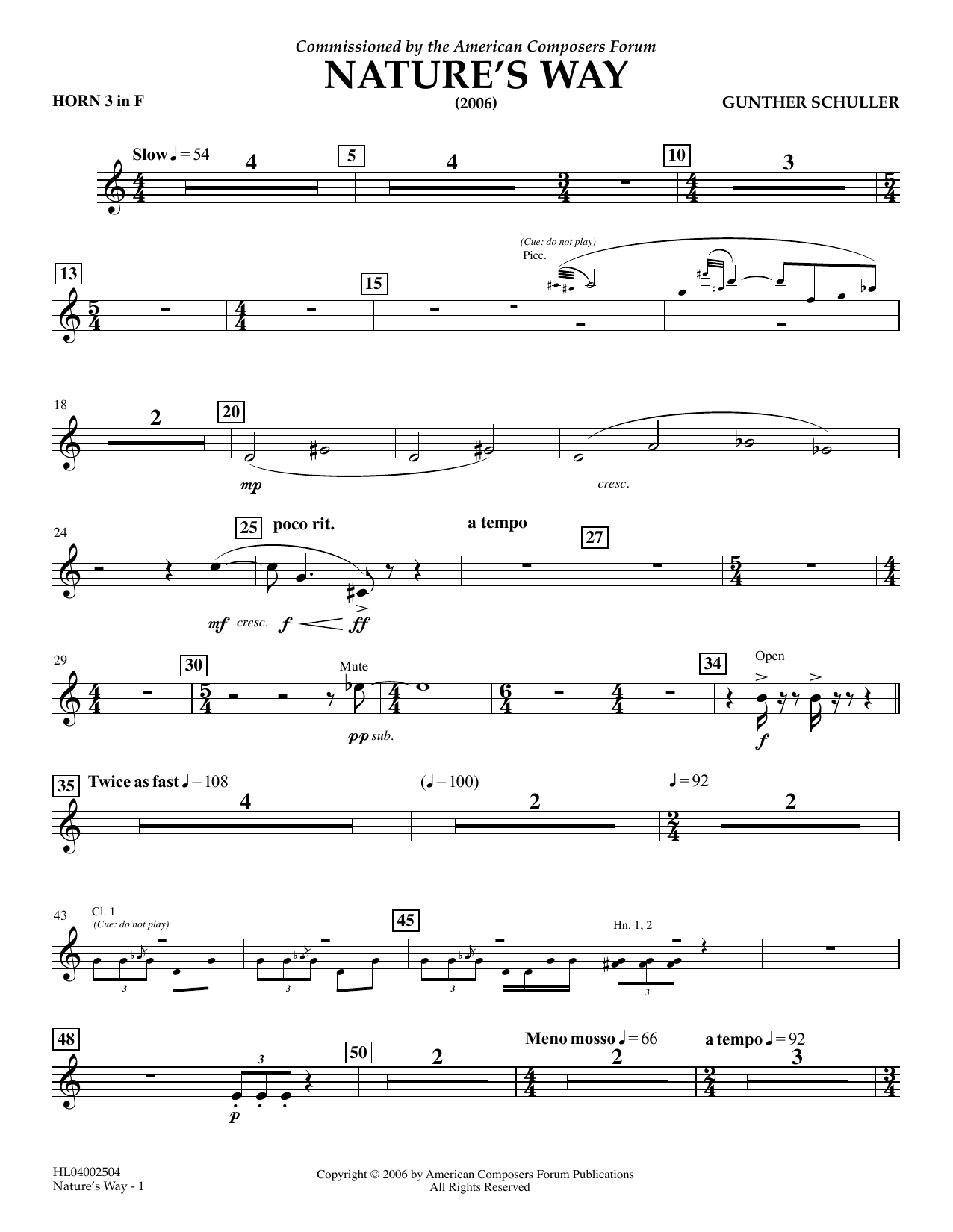 Gunther Schuller Nature's Way - F Horn 3 sheet music notes and chords arranged for Concert Band