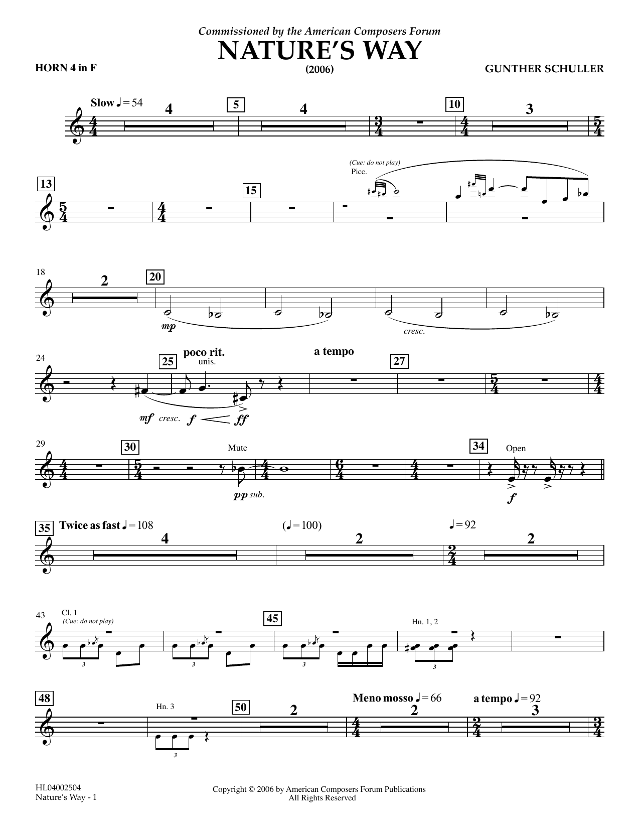 Gunther Schuller Nature's Way - F Horn 4 sheet music notes and chords arranged for Concert Band