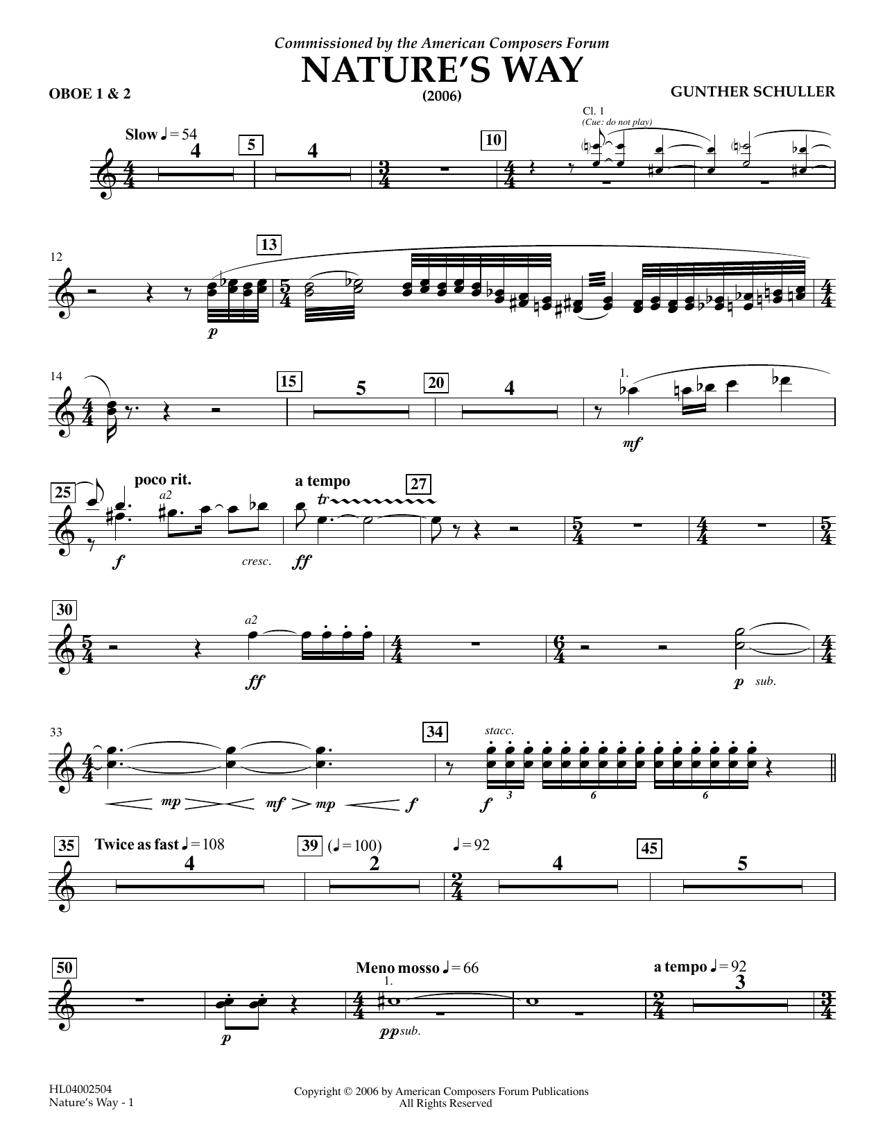 Gunther Schuller Nature's Way - Oboe 1 & 2 sheet music notes and chords arranged for Concert Band