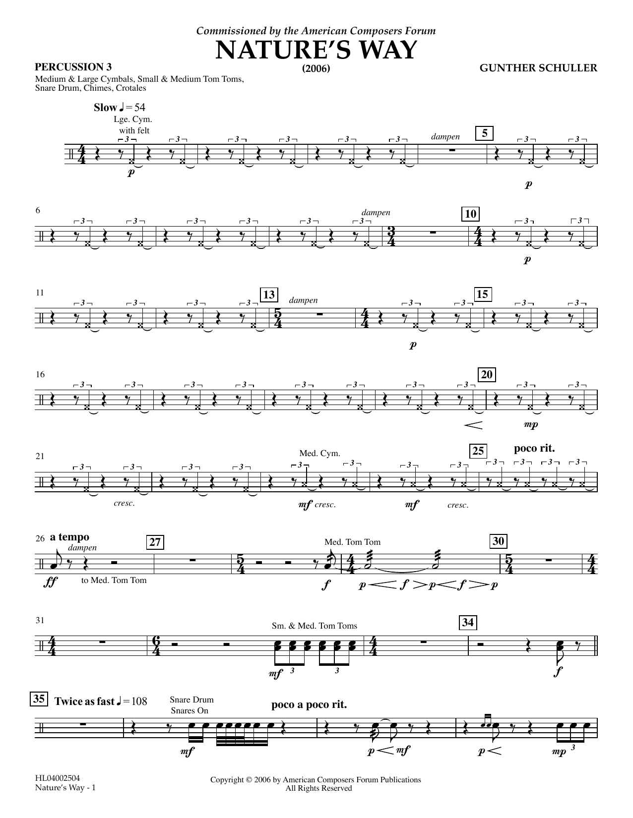 Gunther Schuller Nature's Way - Percussion 3 sheet music notes and chords arranged for Concert Band