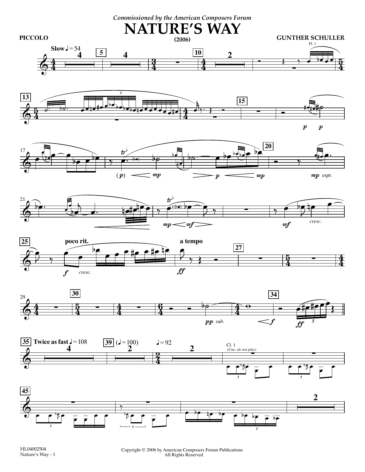 Gunther Schuller Nature's Way - Piccolo sheet music notes and chords arranged for Concert Band